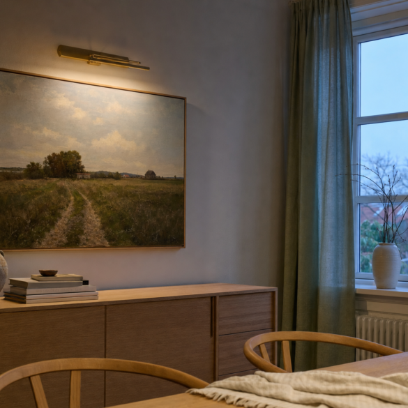 Landskabsmaleri over en egeskænk i en spisestue, oplyst af en smal messing-billedlampe i tusmørke med halvt trukne linnedgardiner ved vinduet