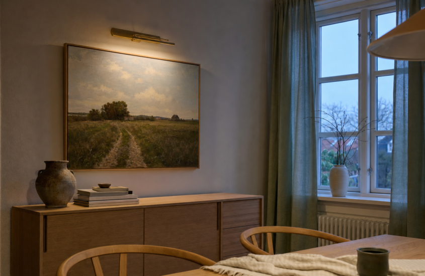 Landskabsmaleri over en egeskænk i en spisestue, oplyst af en smal messing-billedlampe i tusmørke med halvt trukne linnedgardiner ved vinduet